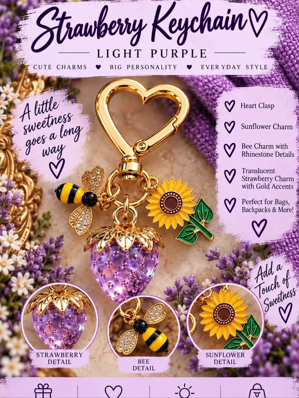 Light Purple Strawberry Keychain Charm - Gold Bee & Sunflower Accents!!